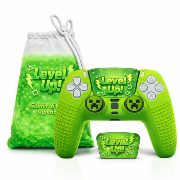 Kit Cover Controller PS5 Level Up Pixel Edition con cover silicone verde, grip analogici, sticker touchpad e sacchetto coordinato